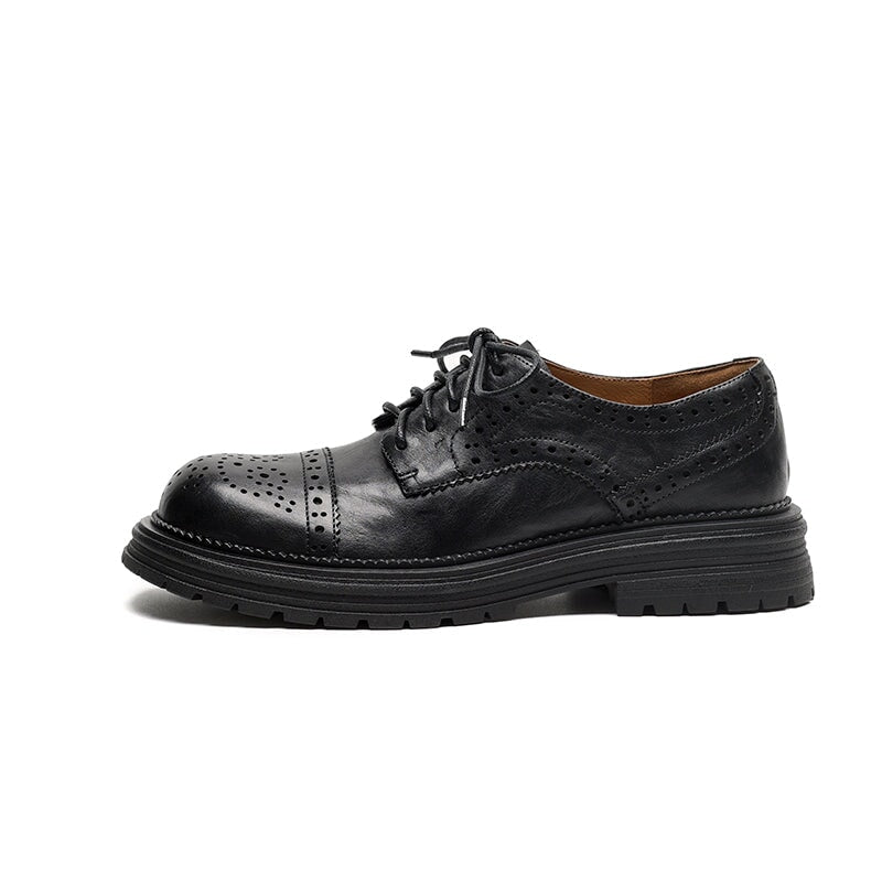 Vintage British Brogue Shoes - Round Toe Low-Heel Lace-Up Oxfords Black/Brown