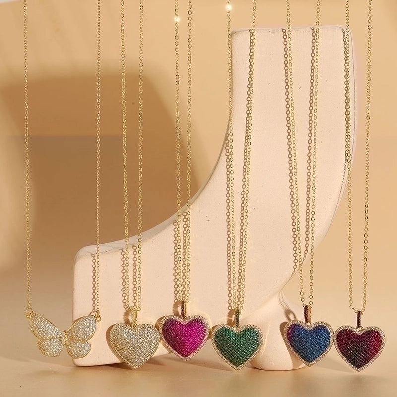 Minimalist Heart Shape Butterfly Copper Plating Inlay Zircon 14k Gold Plated Pendant Necklace