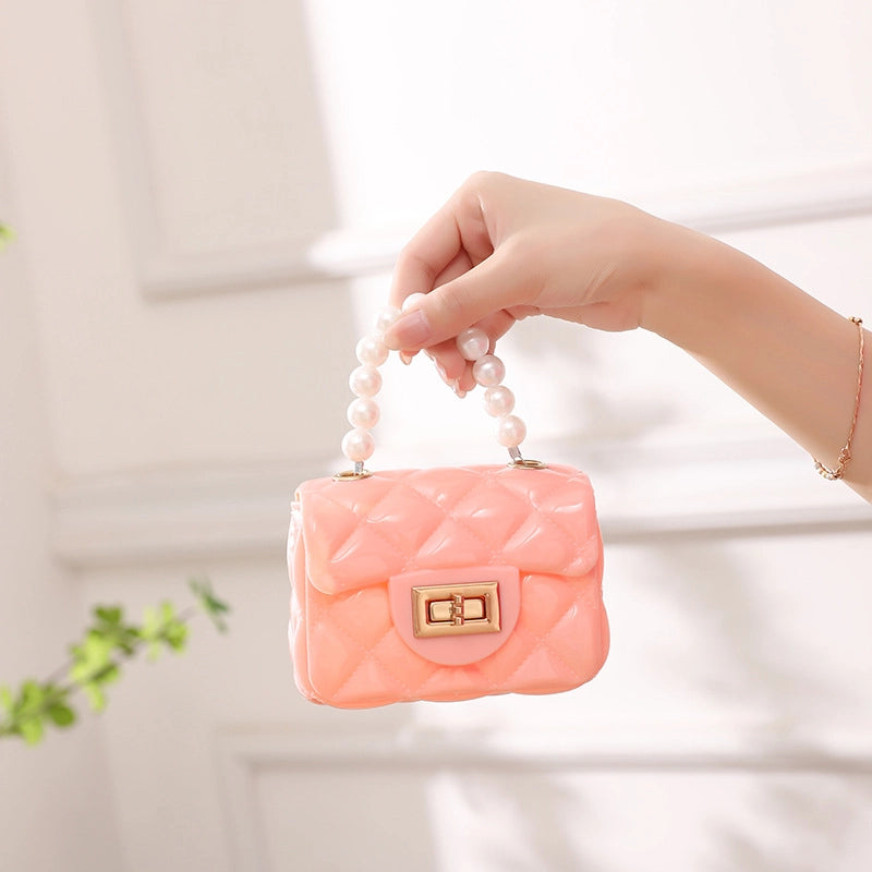 Women's PVC Solid Color Cute Beading Pearls Square Lock Clasp Crossbody Bag