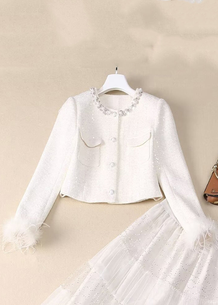 Elegant White Sequins Nail Bead Coats And Tulle Maxi Skirt Two Pieces Set Spring