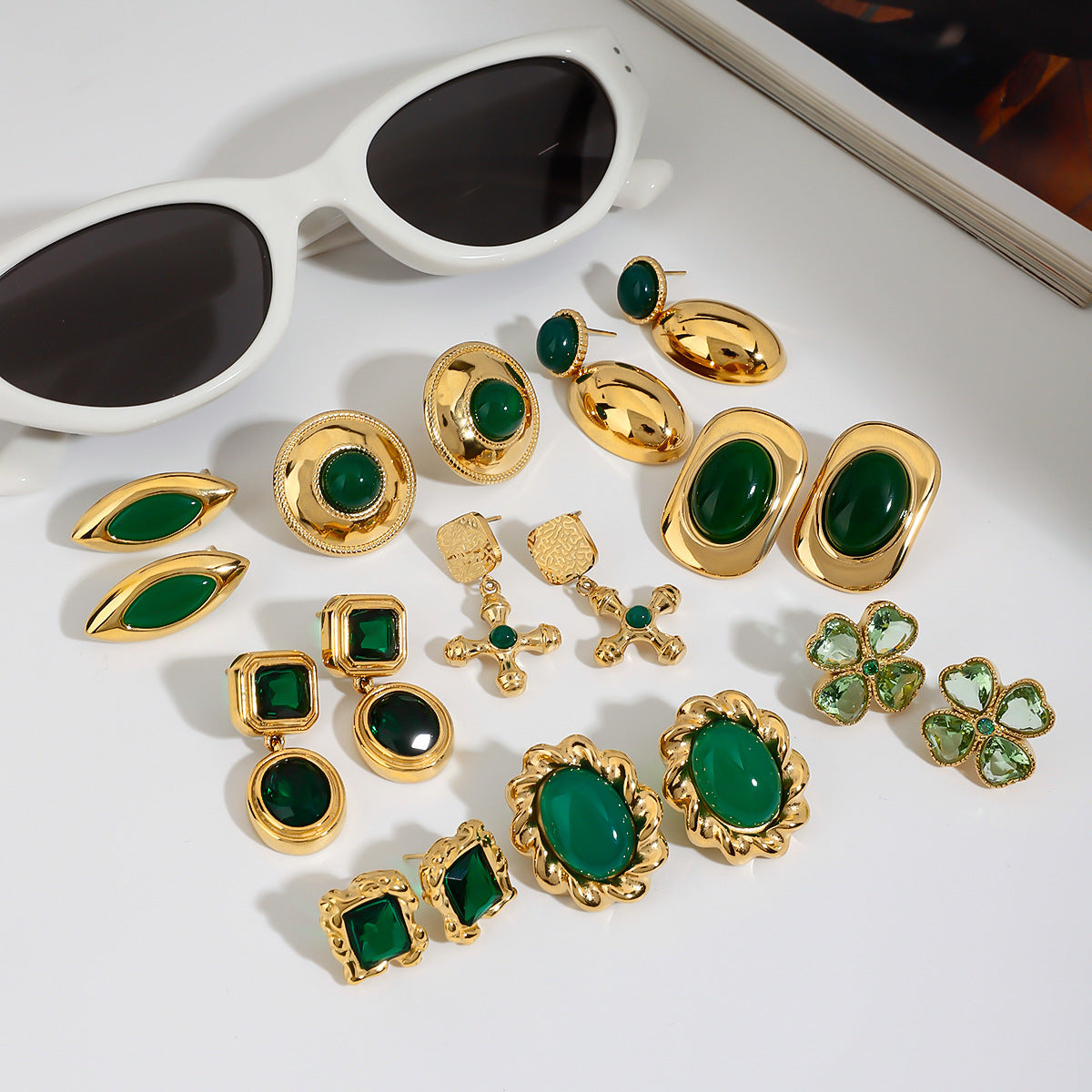 Jie Ding Stainless Steel Earrings Titanium Steel Earrings Green Agate Earrings
