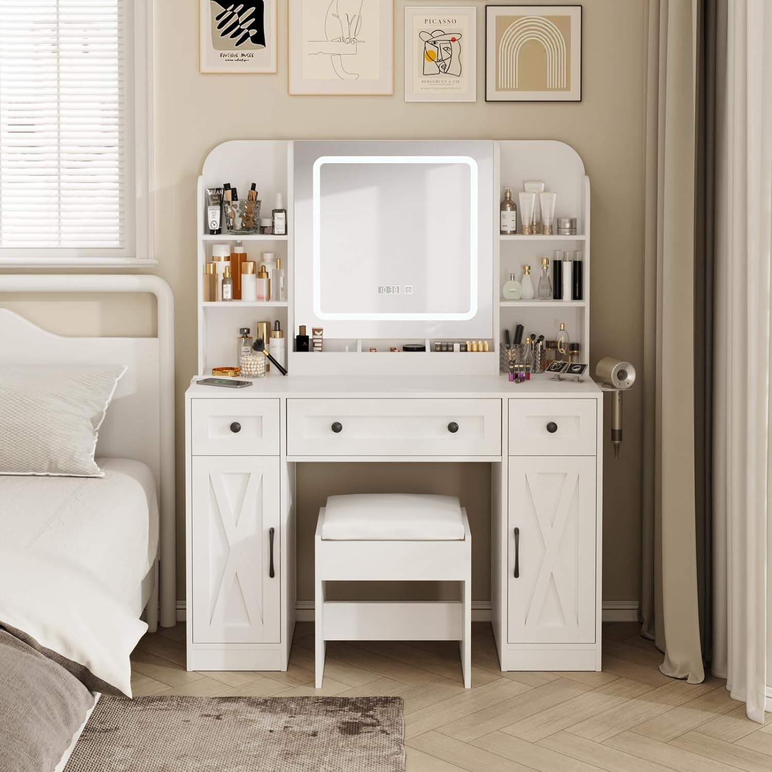 Vanity Table White Makeup Vanity Desk with Large Storage Drawers and Shelves