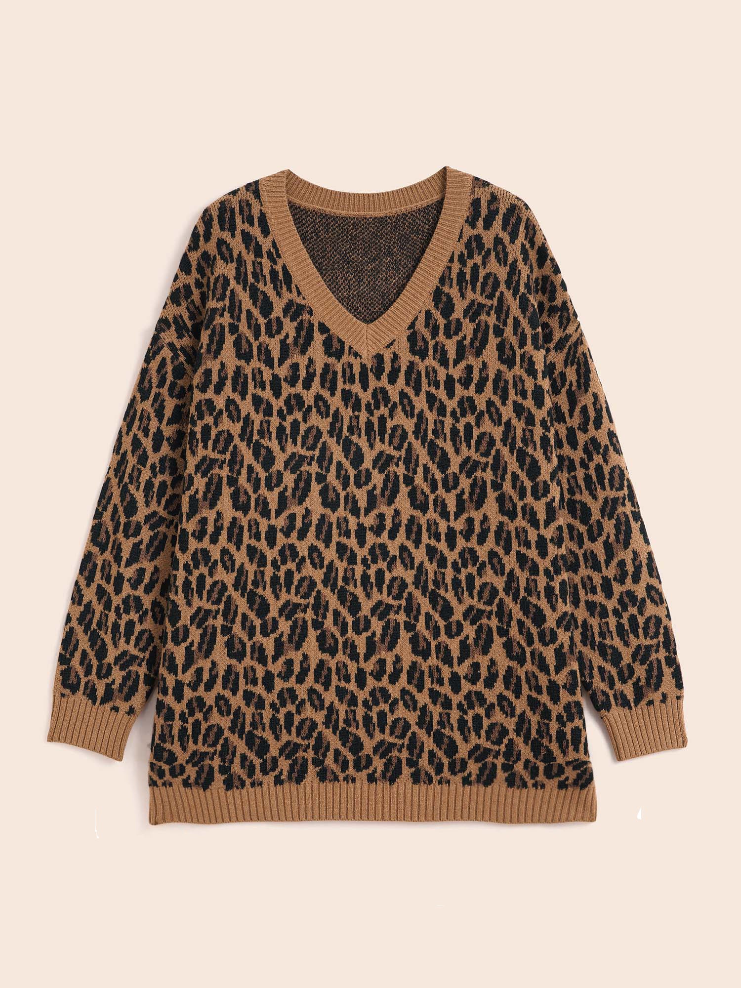 V Neck Leopard Print Jacquard Pullover