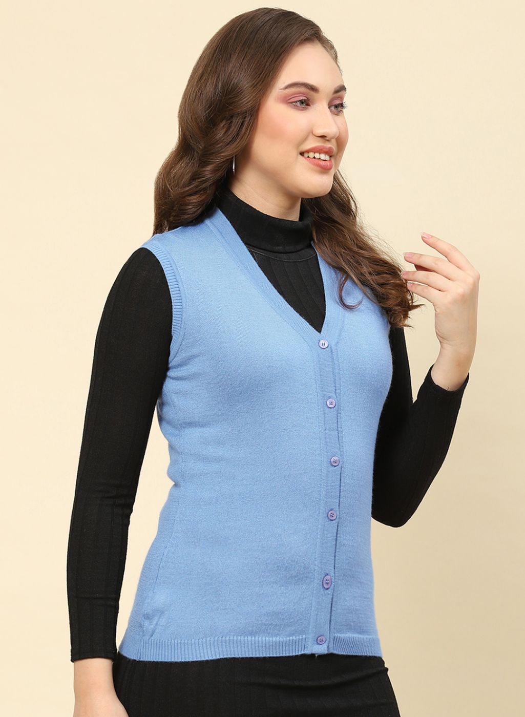 Women Sky Blue Solid Modal Nylone Cardigan