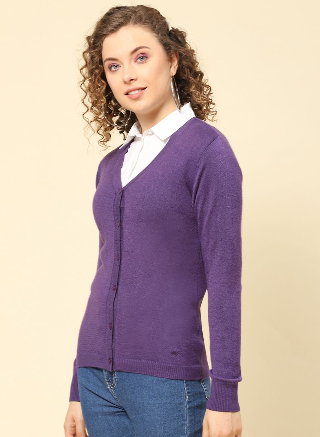 Women Purple Solid Modal Nylone Cardigan