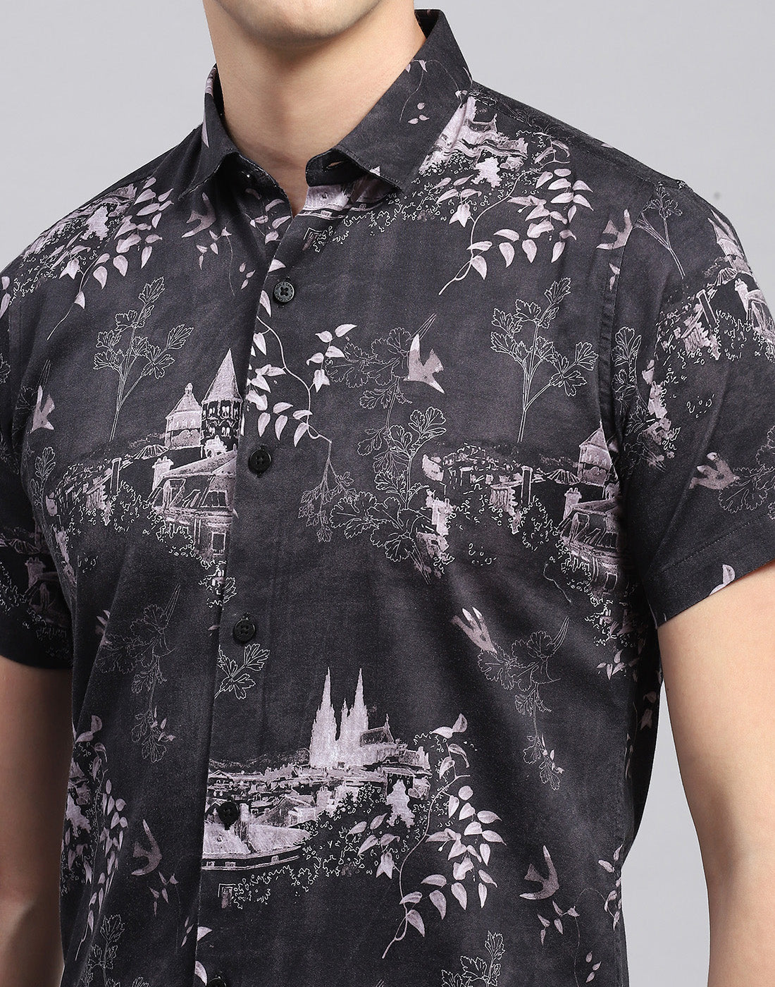 Men Black Printed Collar Neck Half Sleeve Shirt