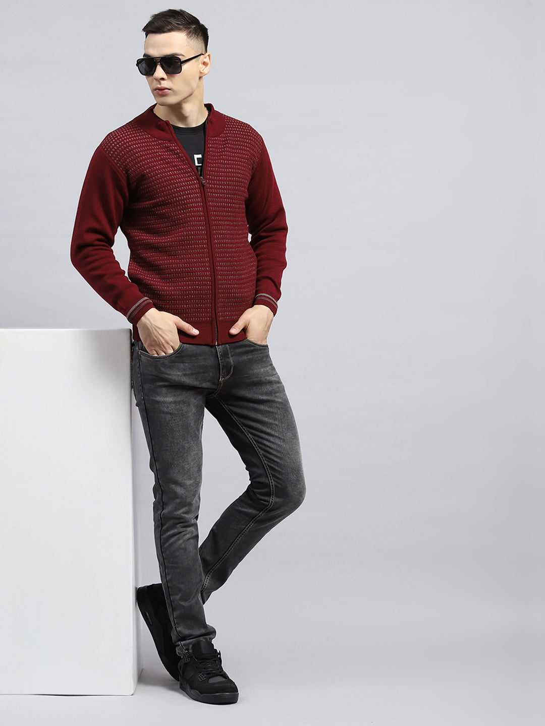 Men Maroon Self Design High Neck Full Sleeve Pullover