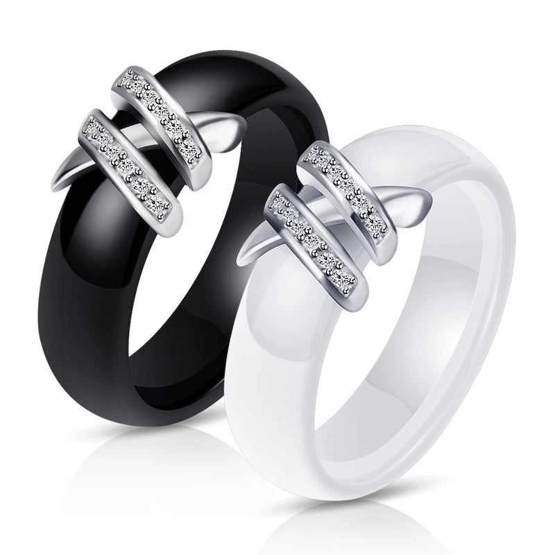 Creative Ceramic Black White Double X Inlaid Diamond Titanium Steel Ring