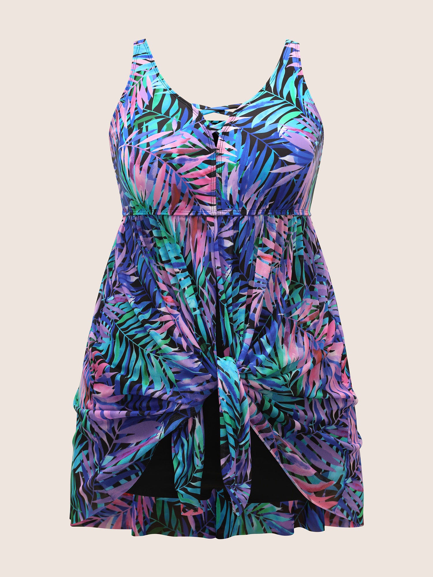 Tropical Print Crisscross Split Hem Swim Dress