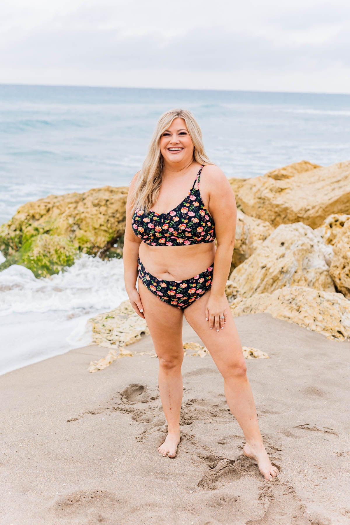 Bask In The Sun Mid-Rise Swim Bottoms- Black & Orange Floral