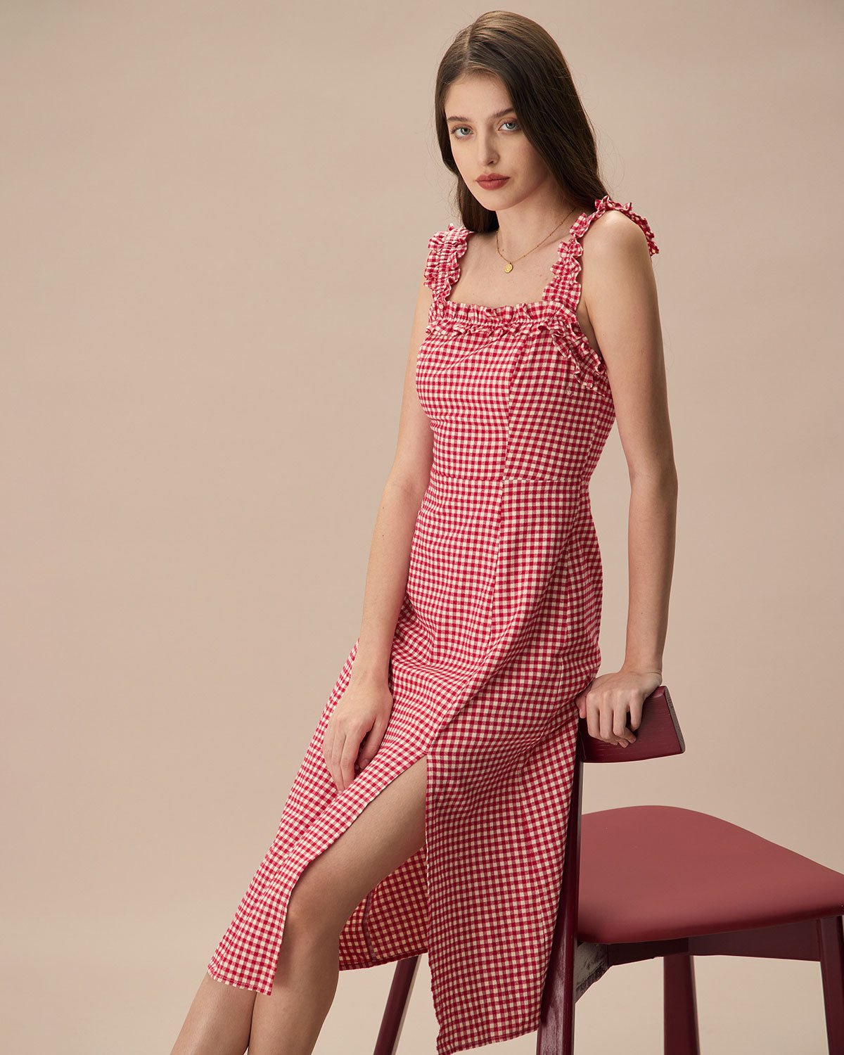 The Red Square Neck Plaid Cotton Midi Dress