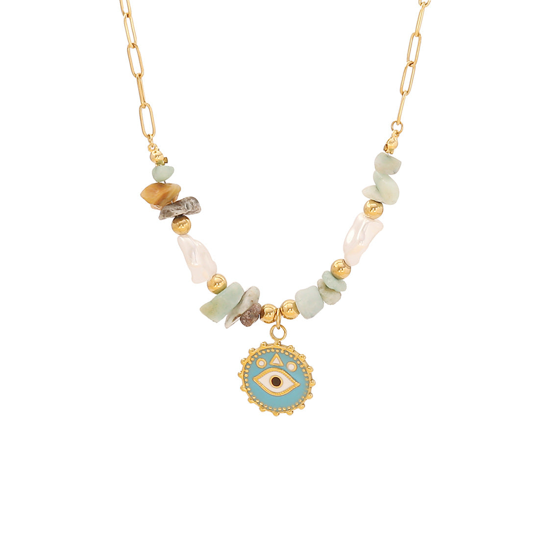 Natural Stone Beaded Necklace Set Eyes Heart Stainless Steel Pendant N1455