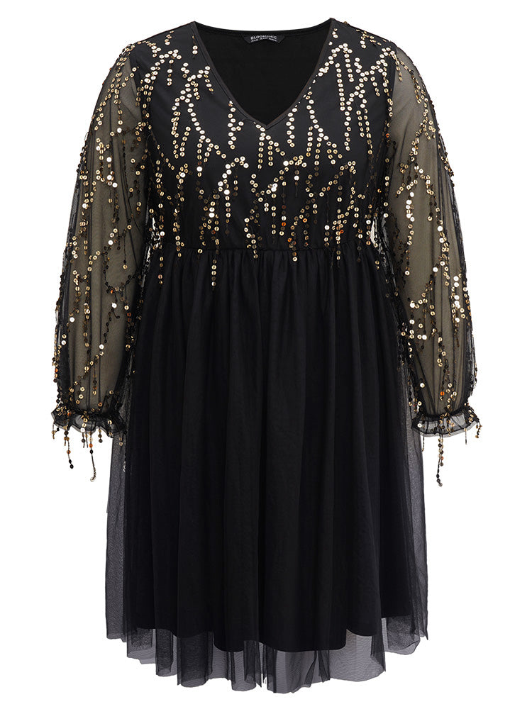 Sequin Mesh Patchwork Tassel Dress