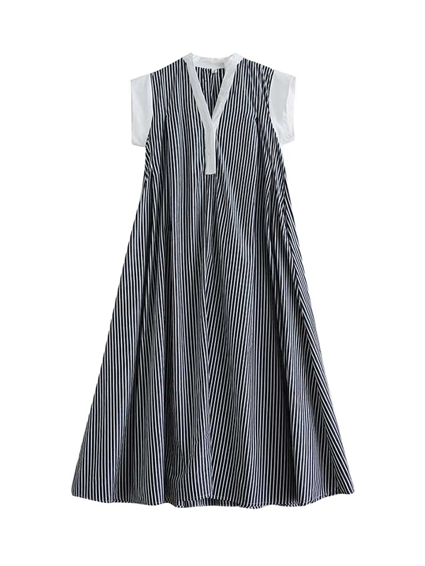 Cap Sleeve Loose Buttoned Striped Lapel Maxi Dresses Shirt Dress