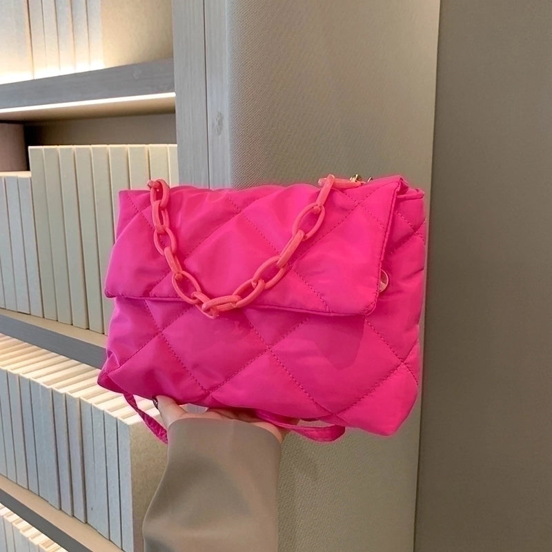 Women's Canvas Solid Color Fashion Quilted Chain Square Flip Cover Crossbody Bag