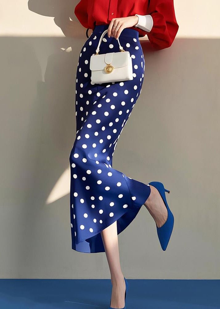 Slim Fit Blue Dot High Waist Cotton Skirt Spring