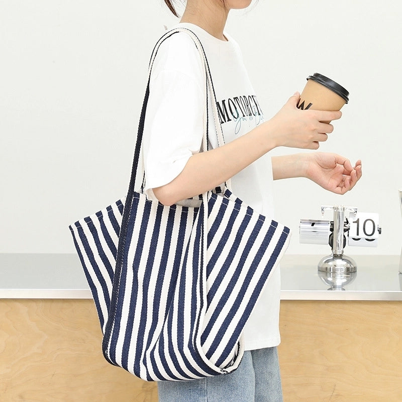 Women's Medium Canvas Stripe Streetwear Open Canvas Bag