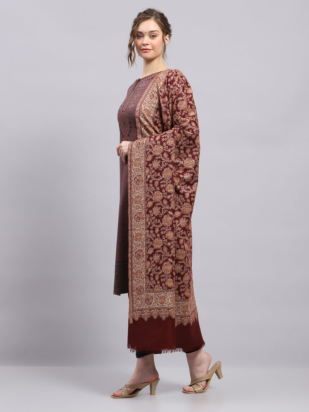 Women Rust Self Design Shawl