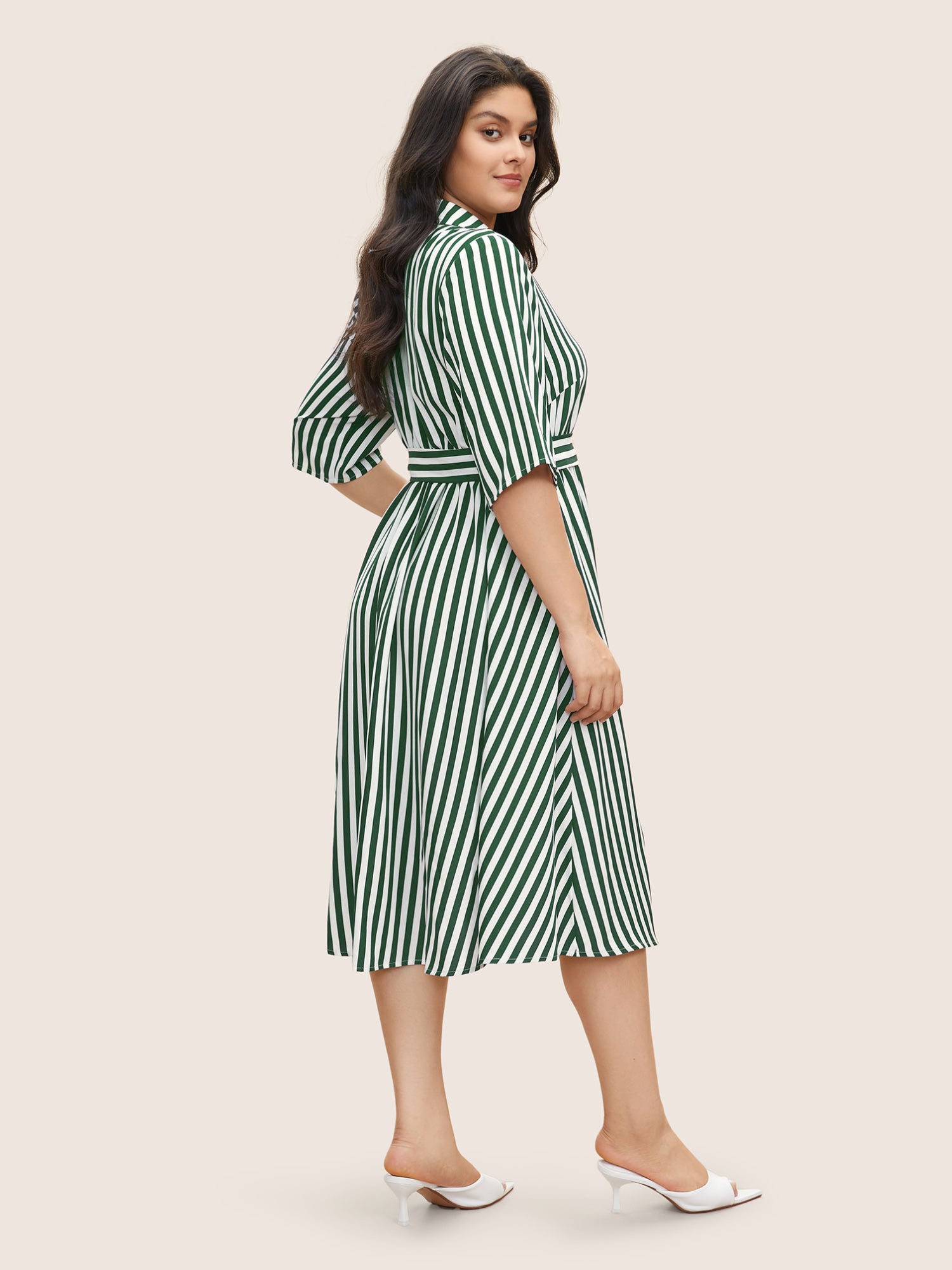 Striped Belted Shirt Collar Button Up Dress