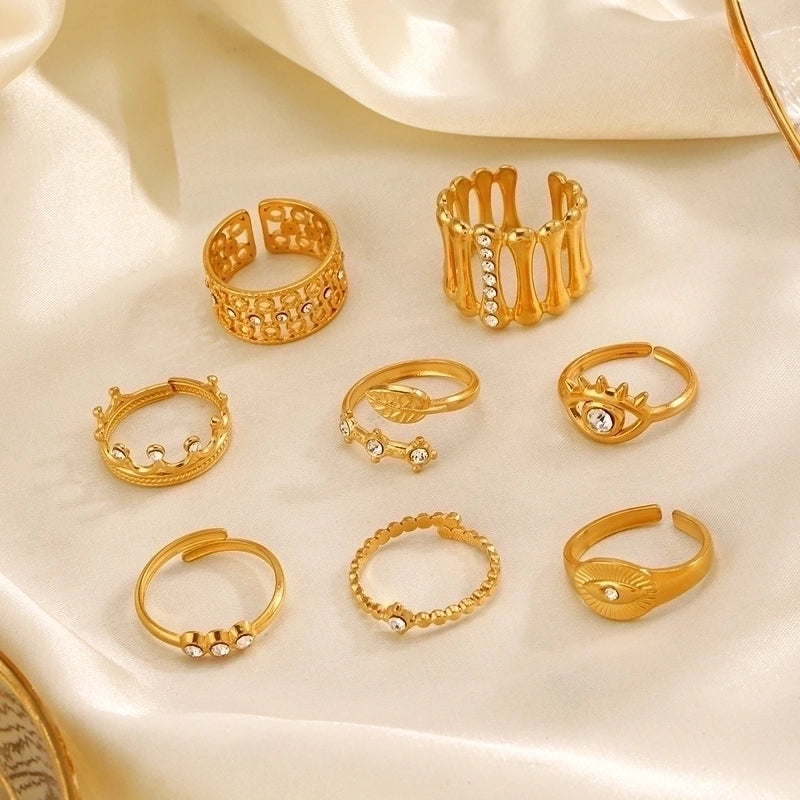 Minimalist Classic Style Round Eye 304 Stainless Steel Rhinestones 18K Gold Plated Plating Inlay Rings