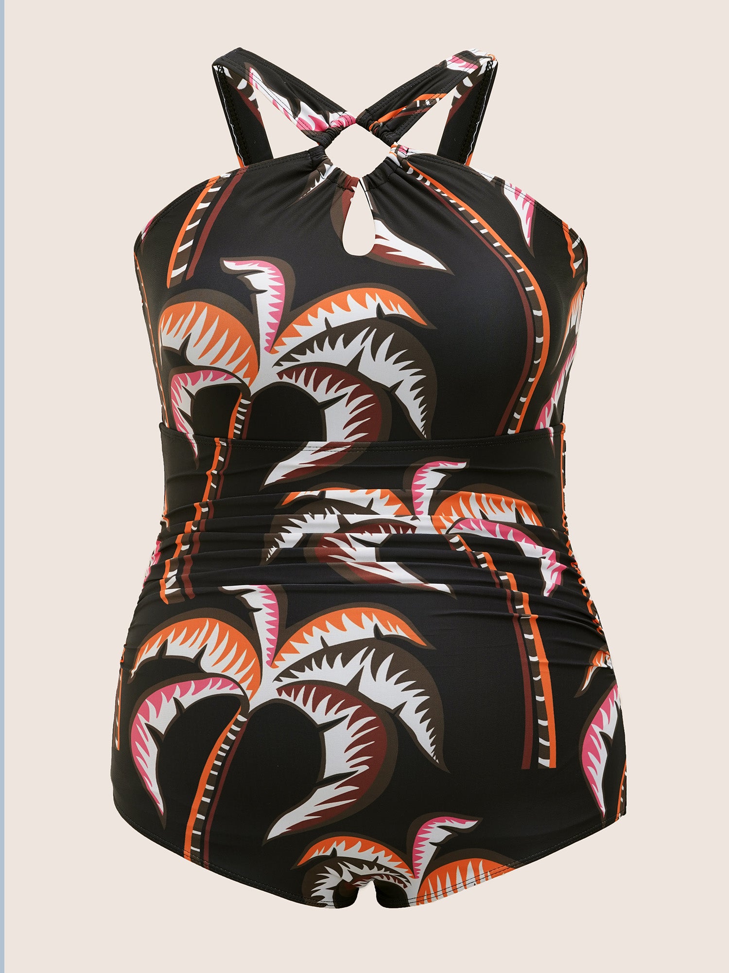 Halter Tropical Print Keyhole One Piece Swimsuit