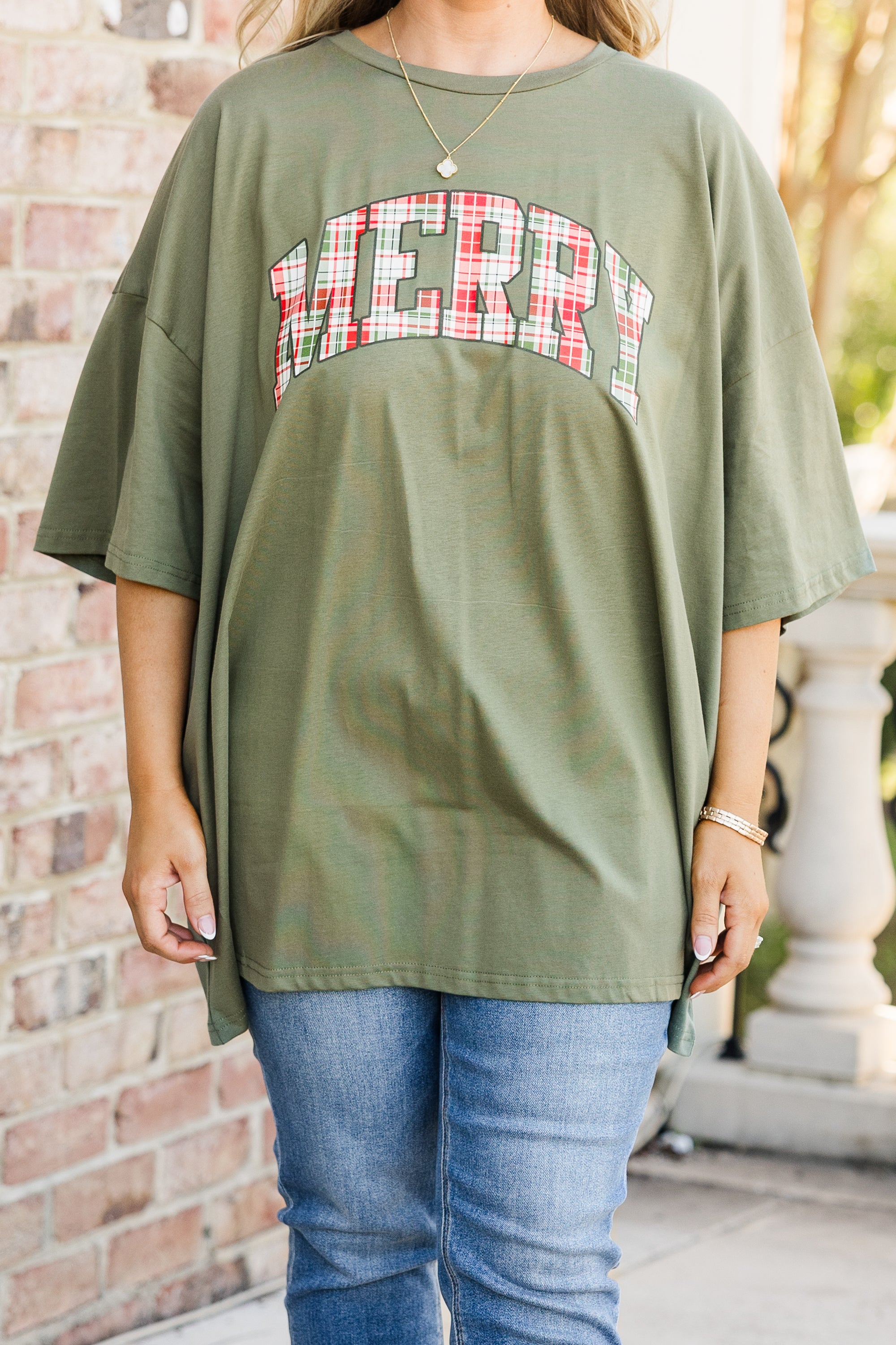 Merry and Plaid Boyfriend Tee. Moss