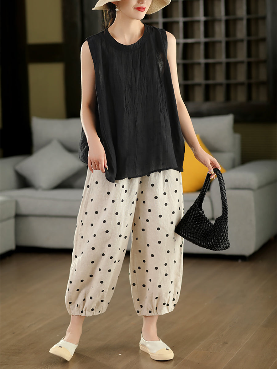 Women Casual Dot Loose 100%Linen Bloomers