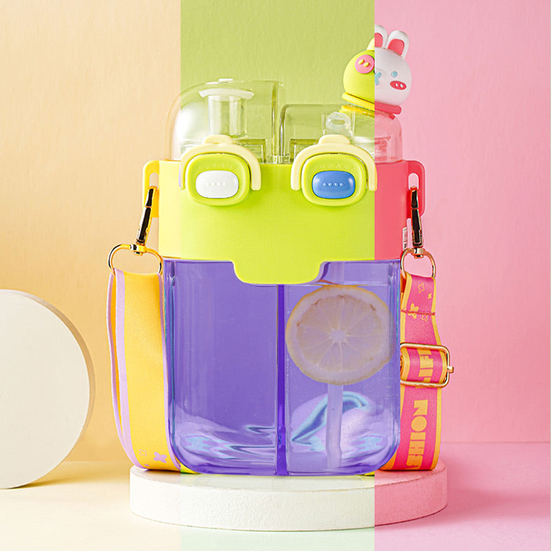 Cute Dual Drink Water Bottle with Straw and Shoulder Strap (30% OFF)