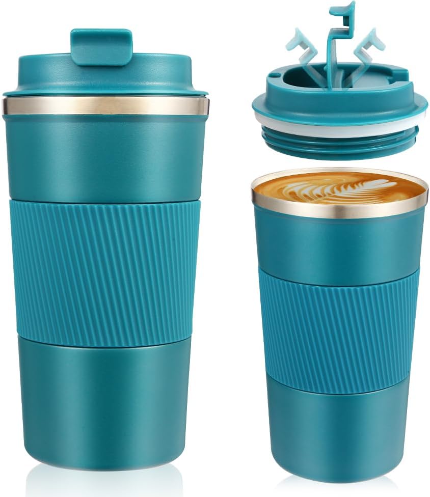 Senshuomy Travel Mug, Insulated Coffee Cup with Leakproof Lid, Reusable Coffee Cups Travel Cup, Stainless Steel thermaol Mug for Hot Cold Drinks (Green 380ml)