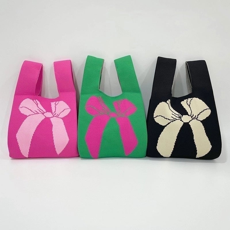 Women's Medium Knit Bow Knot Vintage Style Open Straw Bag