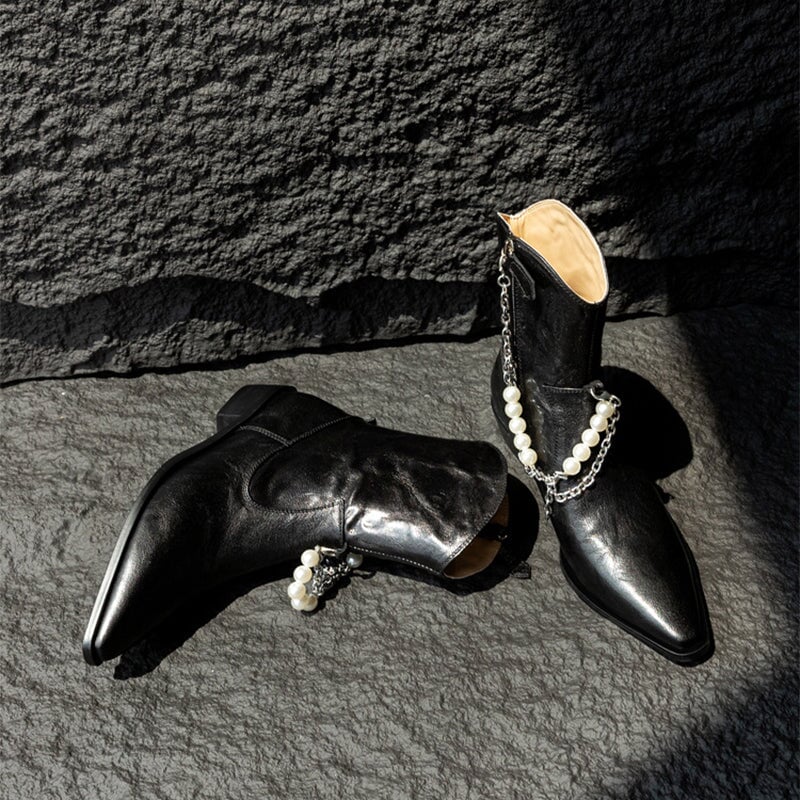 Sheepskin Leather Autumn/Winter Women's Point Toe Ankle Boots in Black/Brown