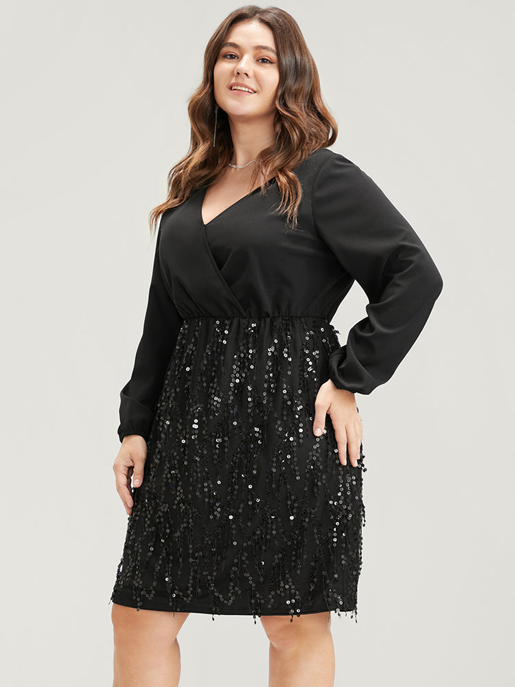 Solid Patchwork Wrap Sequin Tassel Detail Dress