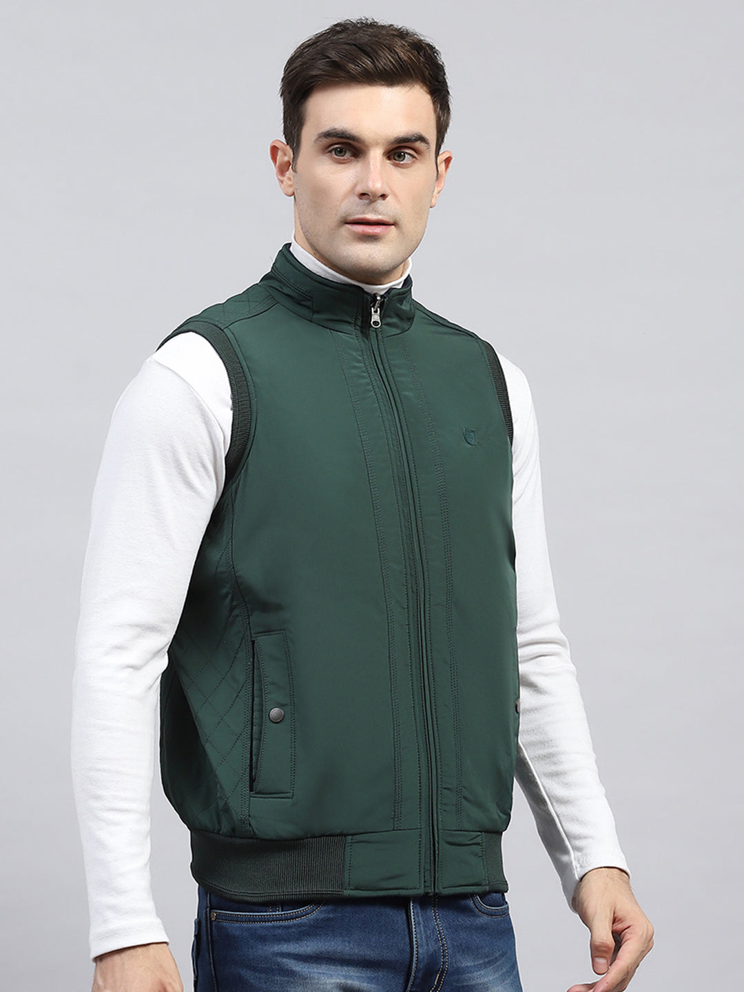 Men Green Solid Mock Neck Sleeveless Reversible Jacket