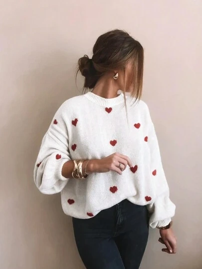 Final Sale⚡4 Packs for $24.98⚡ -Women's Heart Patterned Crew Neck Sweater