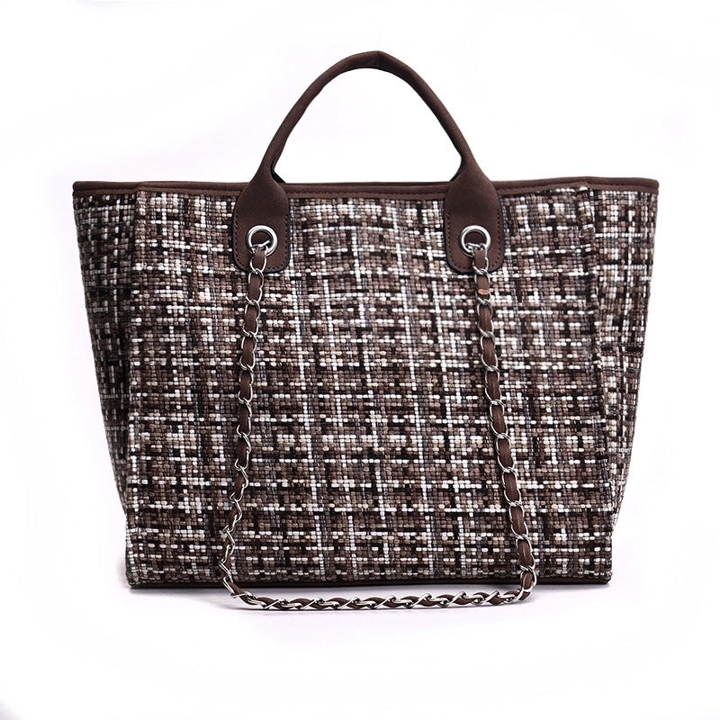 Women's Large Canvas Plaid Solid Color Streetwear Zipper Tote Bag