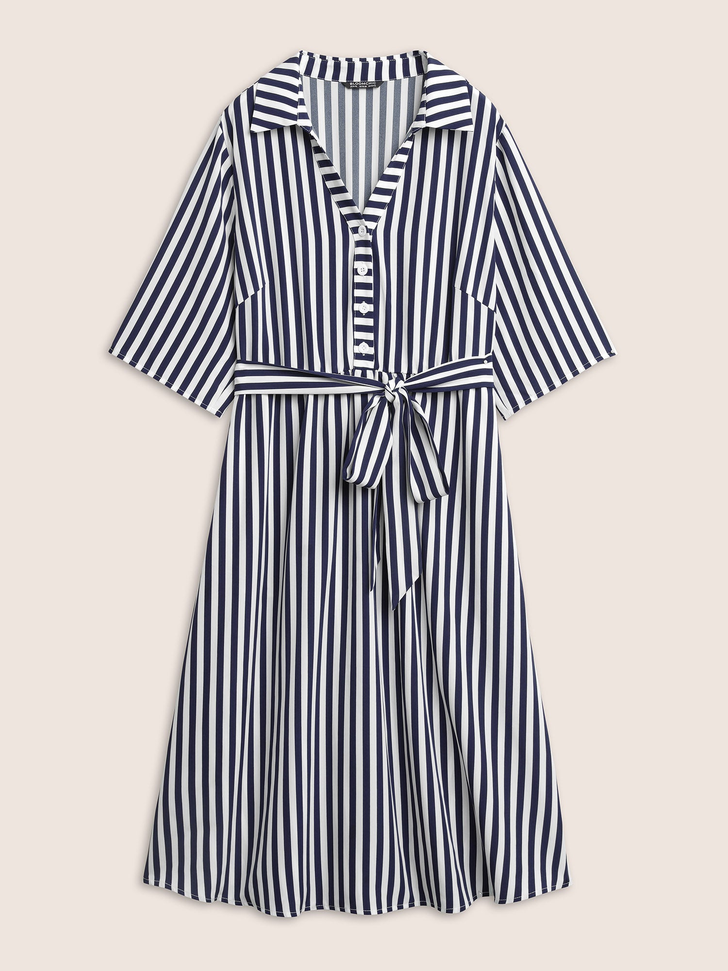 Striped Belted Shirt Collar Button Up Dress