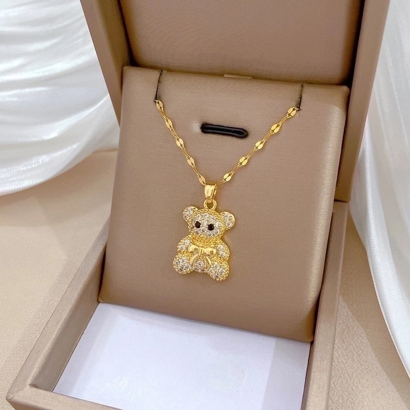 Minimalist Bear Titanium Steel Copper Plating Inlay Zircon Pendant Necklace