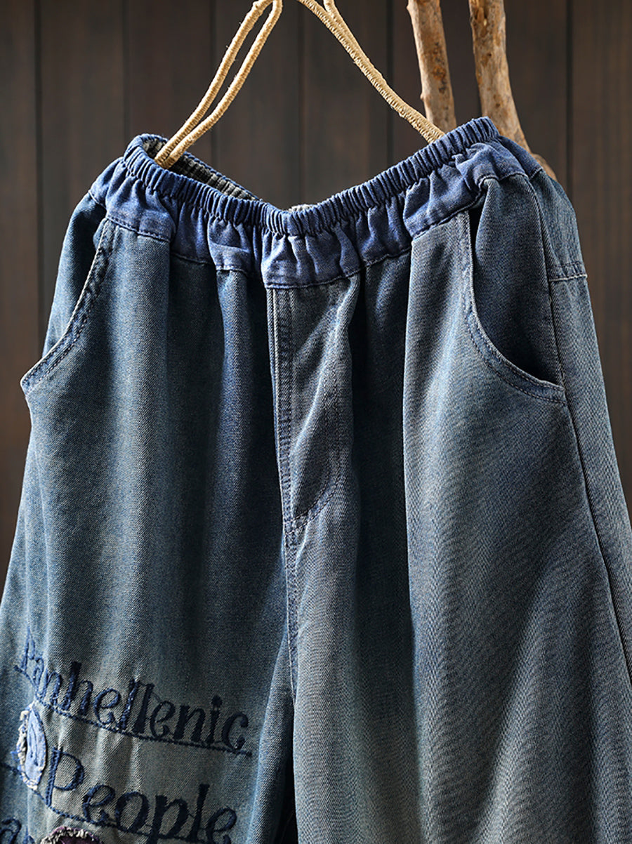 Women Summer Embroidery Patch Denim Harem Pants