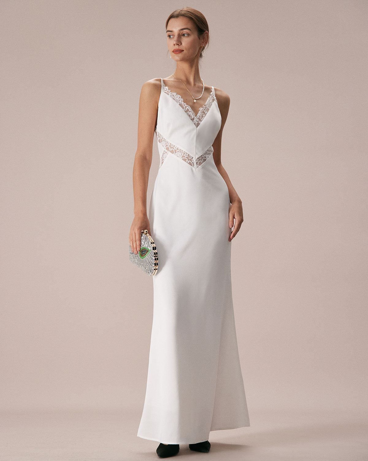 The White V Neck Lace Trim Slip Maxi Dress