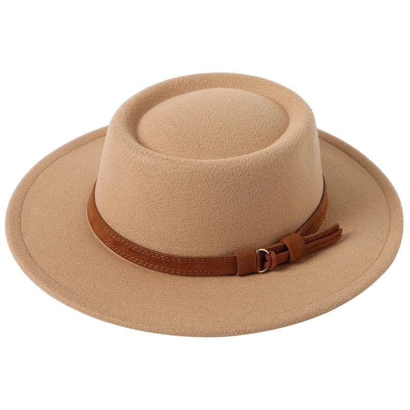 2 Pieces Concave Top Hat British Style Elegant Big Brim Hat Autumn And Winter Street Fashion Warm Felt Hat
