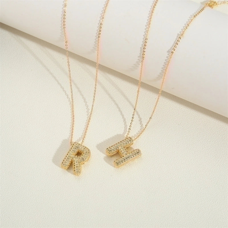 Copper 14K Gold Plated Minimalist Inlay Letter Zircon Pendant Necklace