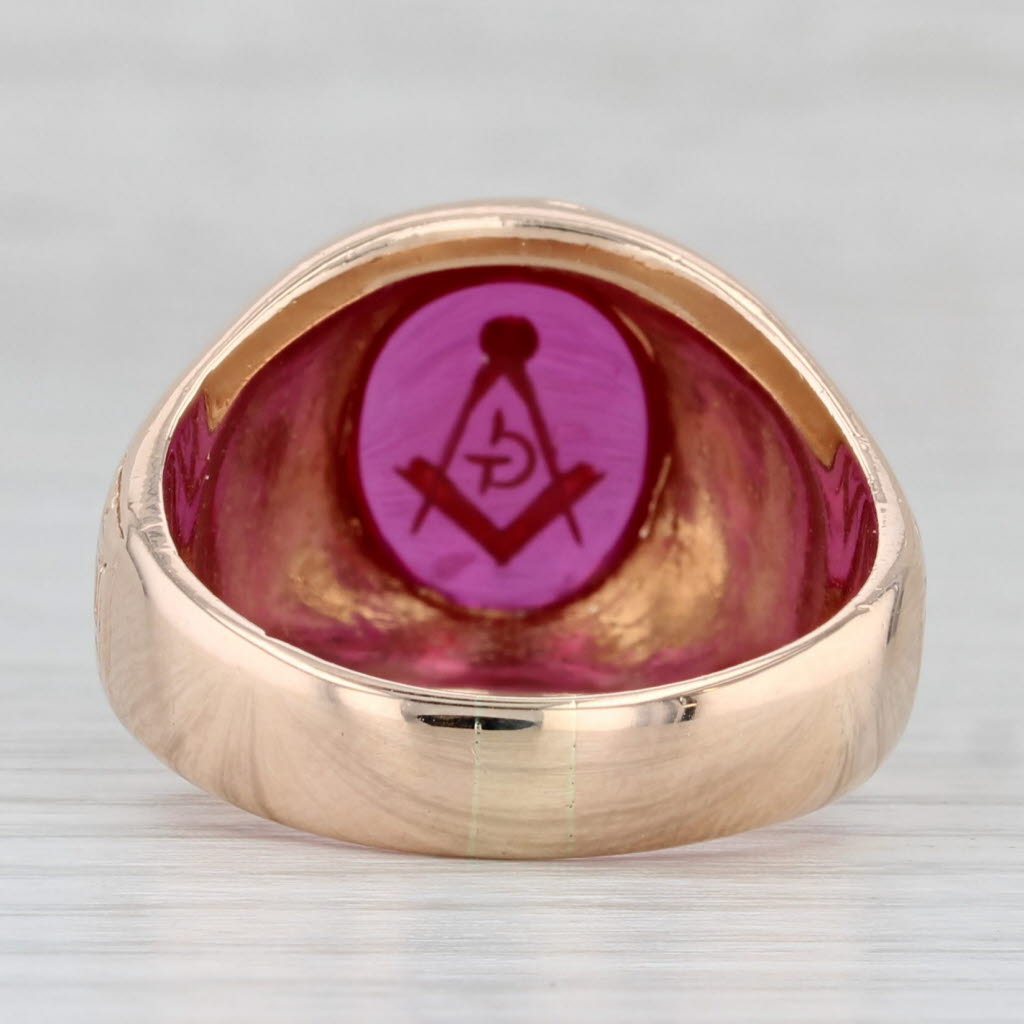 Vintage Masonic Signet Ring 10k Gold Lab Created Ruby Square Compass Blue Lodge