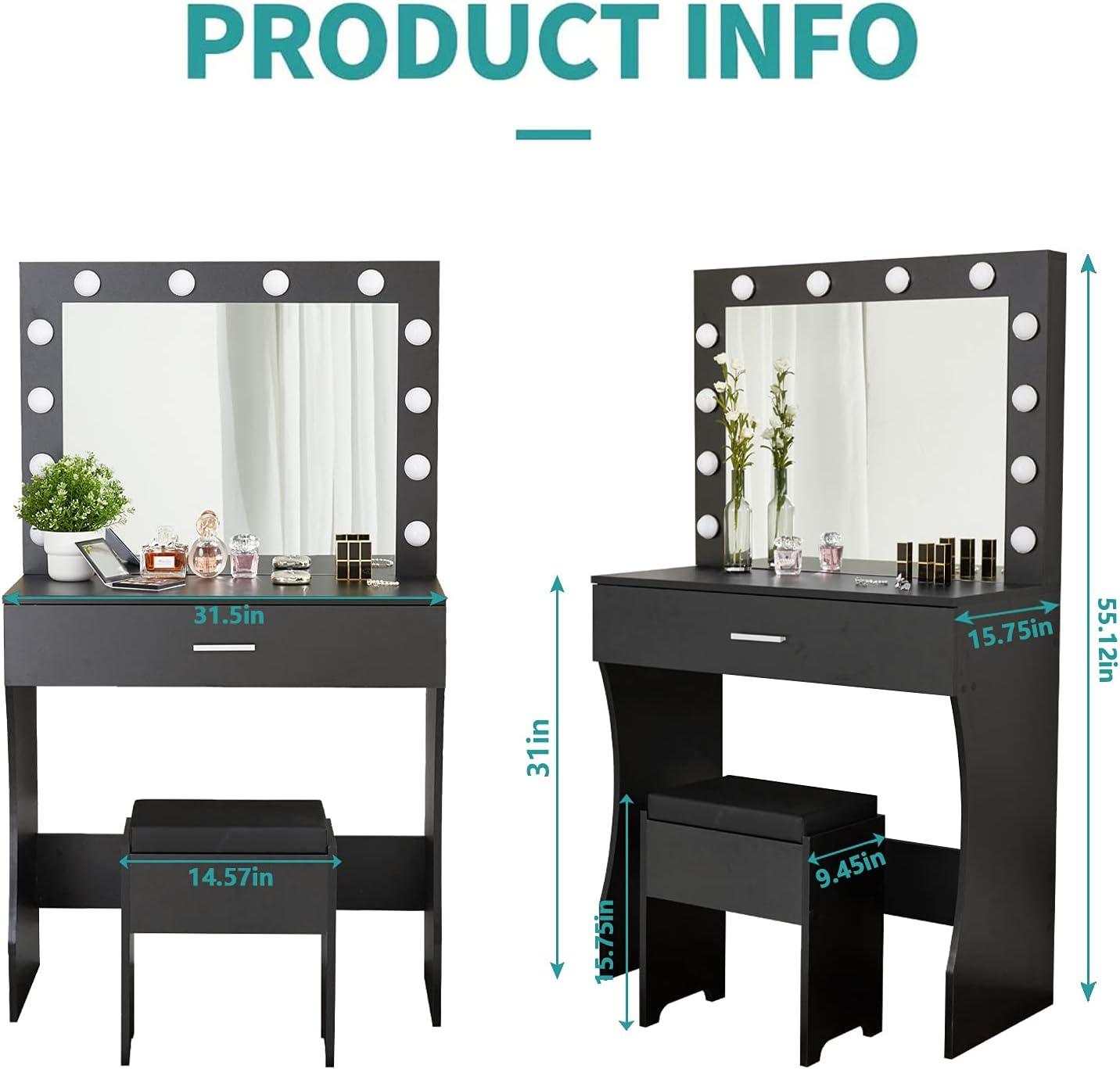 Vanity Table Set with Lighted Mirror - Makeup Vanity with Charging Station