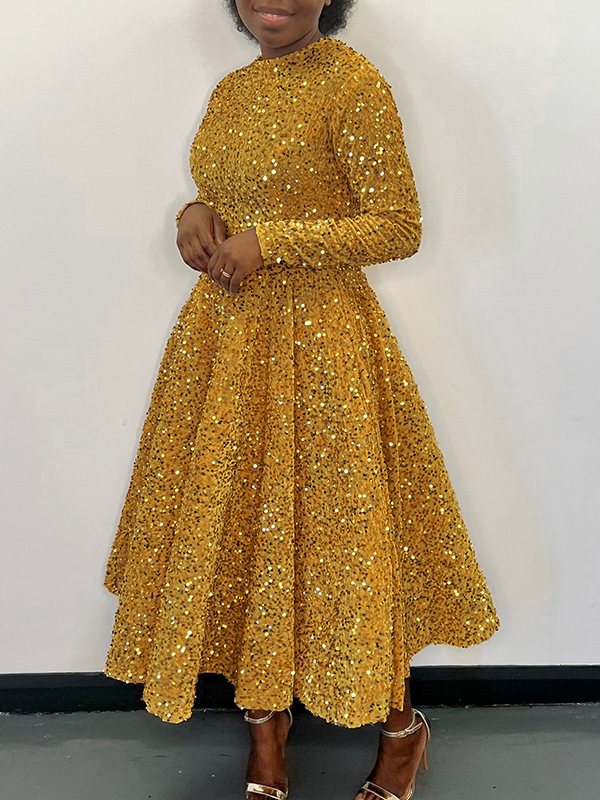 A-Line High Waisted Sequined Split-Joint Zipper Round-Neck Maxi Dresses