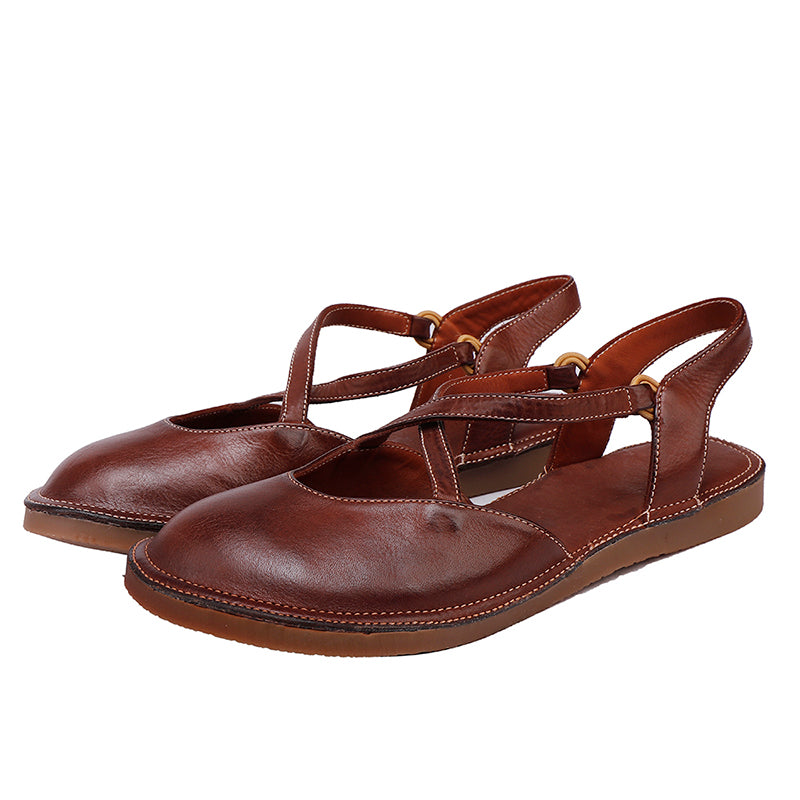 Casual Leather Closed-Toe Flat Sandals Soft Sole Summer X-Strap Slingback Shoes in Caramel/Brown