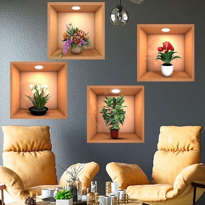 4 Pieces 3D Beautiful Decal Flower Pot Design Wall Sticker