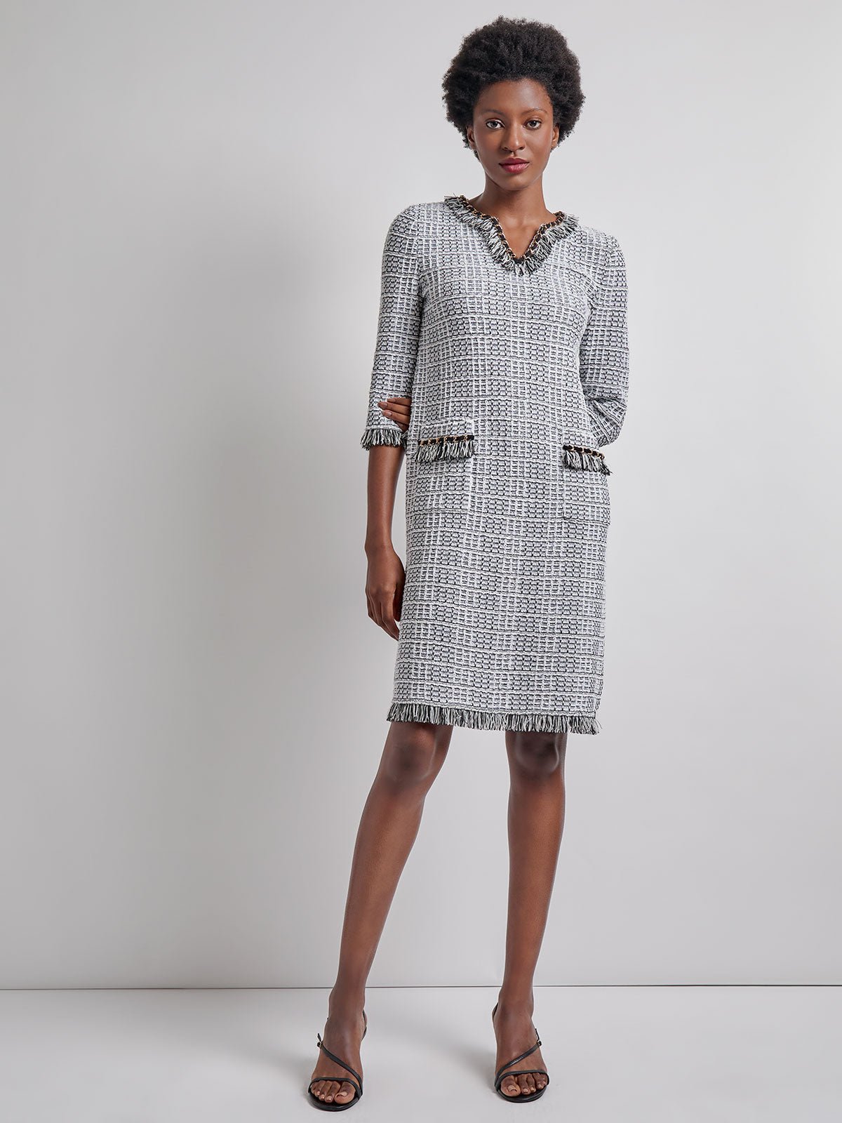 Chain & Fringe Trim Tweed Knit Shift Dress - Vanity Fit