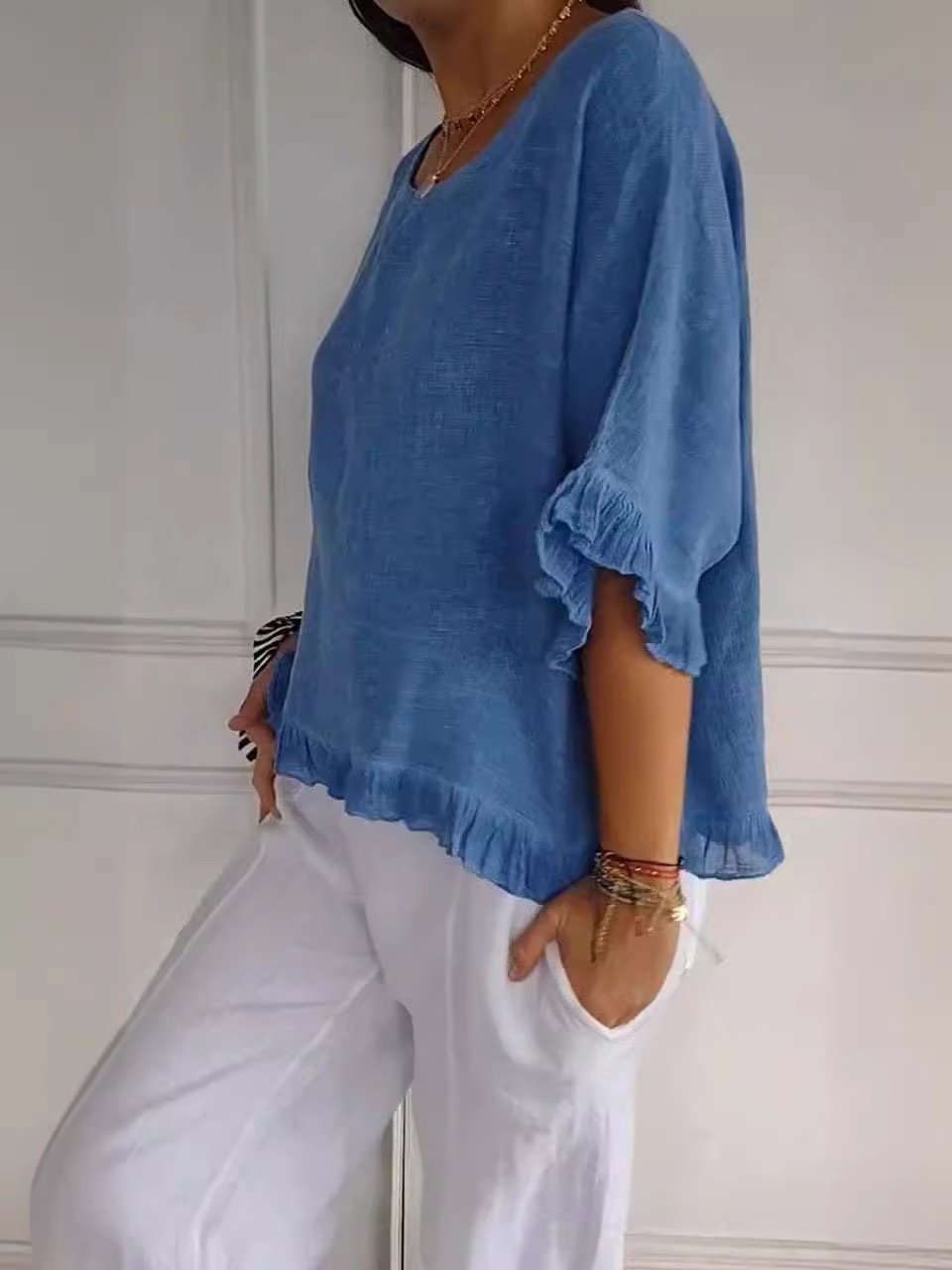 🔥🎁Round Neck Ruffled Hem Mid-sleeve Cotton and Linen Top