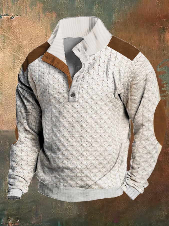 Men's Casual Color Block Knitted Jacquard Stand Collar Pullover Sweatshirt