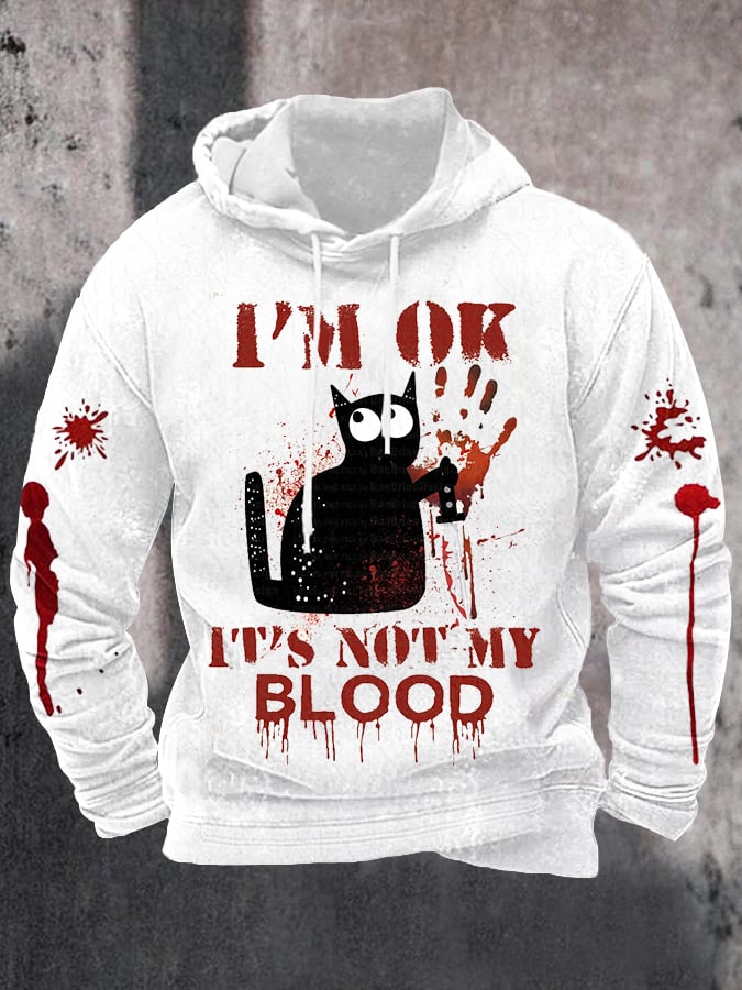 Men's Funny Halloween I'm OK It's Not My Blood Black Cat Print Casual Hoodie